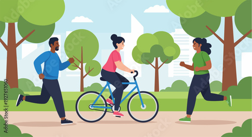 flat vector illustration of diverse people jogging and cycling in a city park
