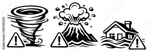 Monochrome line art natural disaster icon set featuring a tornado, erupting volcano, and flooded house for emergency warnings