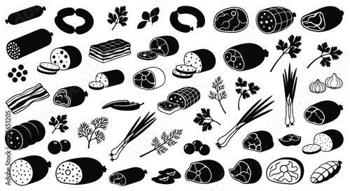 Comprehensive set of black silhouettes features various types of sausages, meat cuts, herbs, and garlic cloves.