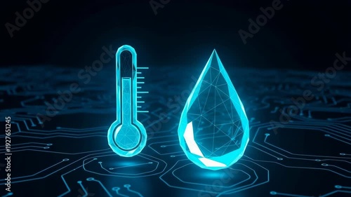 Glowing 3d-rendered Thermometer Water Droplet Are Illuminated Data Temperature Analysis Set Against Dark Blue Motherboard Backdrop Implying Technological Scientific Applications