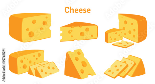 Variety of cheese pieces including wedges, slices, and blocks show different textures and characteristic holes.