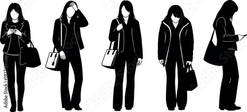 Black and white vector silhouettes of modern women in stylish outfits carrying handbags and using smartphones for urban lifestyle concepts