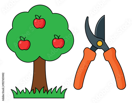 Line art gardening set featuring an apple tree with red apples and garden shears for fruit harvesting