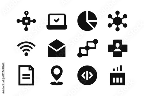 Collection of twelve black and white icons representing various digital and business concepts