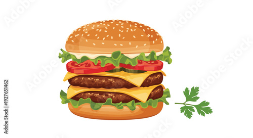 Massive double cheeseburger features two beef patties, melted cheese, tomatoes, lettuce, and pickles on a bun.