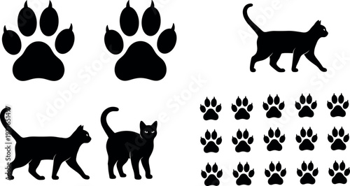 Black Cat Silhouette Set and Paw Prints Vector Illustration Featuring Various Cat Poses and Animal Track Icons for Graphic Design.