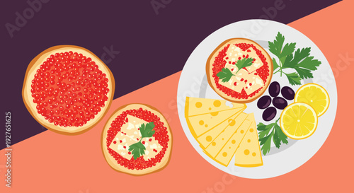 Appetizing platter features caviar sandwiches with cheese slices, black olives, lemon wedges, and green parsley.