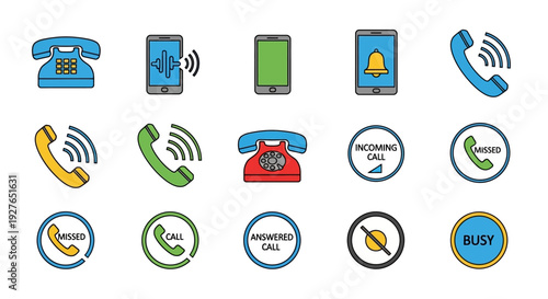 A collection of colorful telephone and call status icons, including rotary phones, smartphones, ringing, incoming, missed, answered, and busy call indicators.