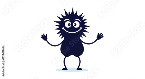 Friendly cartoon monster with a spiky round body and a wide smile waves its hands on a white background.