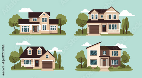 Four different designs of modern two-story suburban family houses are shown with trees and clouds in the sky.