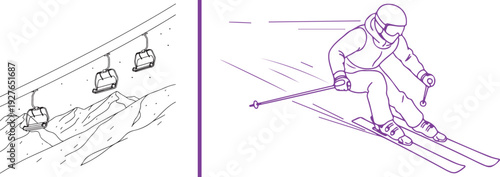 Minimalist line art of a chairlift moving over snowy peaks, paired with a purple-inked illustration of a skier in a crouched, aerodynamic position speeding down a slope.