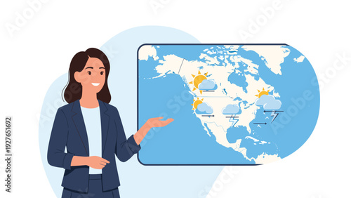 Female news anchor or meteorologist presents a weather forecast for North America using a digital map with sun, cloud, and storm icons.
