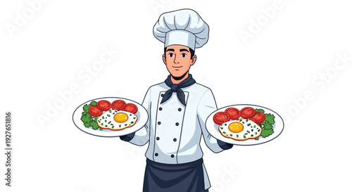 Professional male chef wearing a white uniform and hat holding two plates of breakfast with fried eggs, tomatoes, and greens.