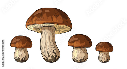 Set of four edible porcini mushrooms with brown caps and thick white stalks in various sizes from large to small on white.
