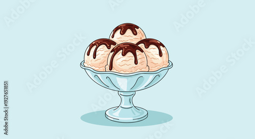 Dessert glass bowl filled with four scoops of vanilla ice cream drizzled with dark chocolate syrup on a blue background.