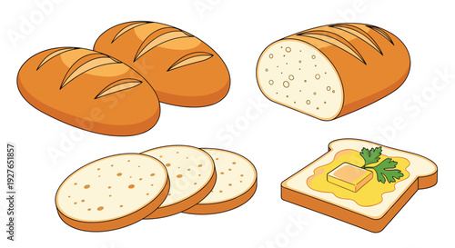 Collection of bakery items featuring loaves of bread, slices, and a piece of toast spread with butter and herbs on white.