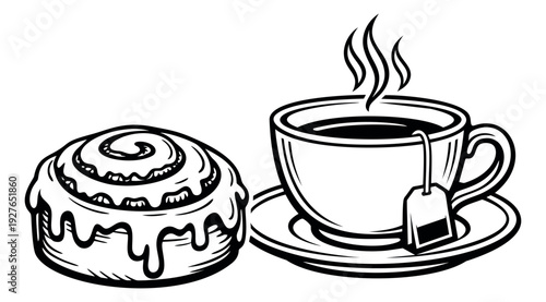 Hand drawn breakfast set featuring a cinnamon roll and a steaming cup of tea for a cafe menu
