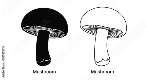 Pair of mushroom icons showing one in solid black and the other as an outline with the word mushroom below each on white.