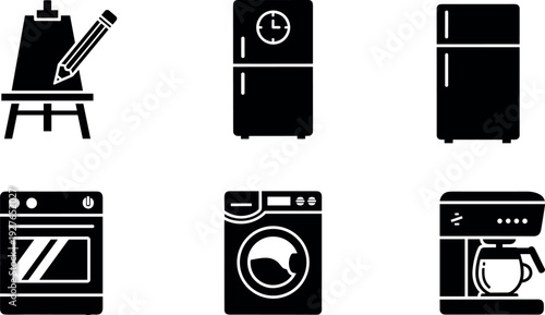 Black Flat Vector Icon Set Featuring Kitchen Appliances Laundry Machine Refrigerator Coffee Maker Oven and Artist Easel for Minimalist Graphic Design