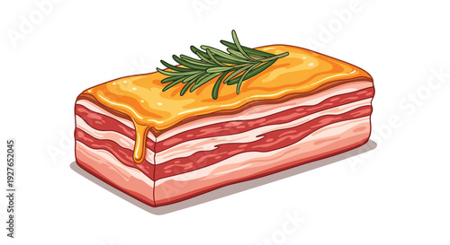 Thick piece of pork belly with layers of meat and fat topped with a sprig of fresh rosemary isolated on a white background.