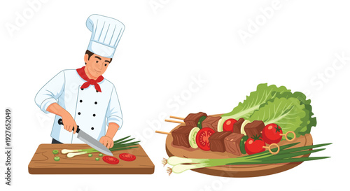 Scene showing a male chef chopping spring onions on a board next to a platter of grilled meat and vegetable kebabs.