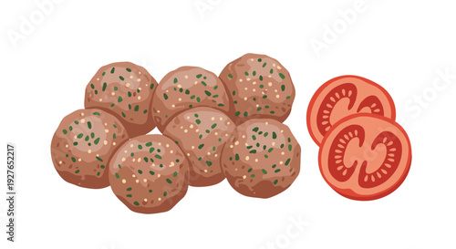 Plate of several brown cooked meatballs garnished with herbs and two fresh red tomato slices on a white background.