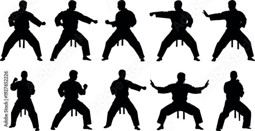 Black karate silhouettes set of man performing various martial arts positions kata movements and fighting stances isolated on white background