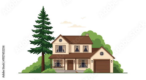 Detailed illustration of a two-story residential house with a brown roof, garage, front porch, and garden with a pine tree.