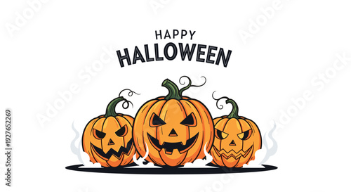 Three orange Halloween pumpkins with scary carved faces surrounded by white smoke on a dark ground against white.