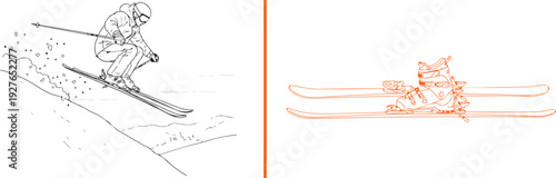 A minimalist vector graphic featuring a detailed line-art illustration of a skier jumping on a slope alongside orange line art of a pair of skis with boots attached.