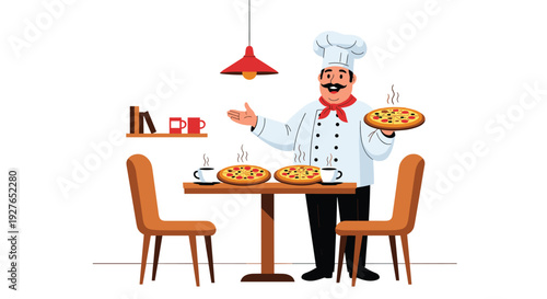 Friendly chef holding a pizza and standing by a dining table with two more pizzas and cups of coffee in a restaurant.