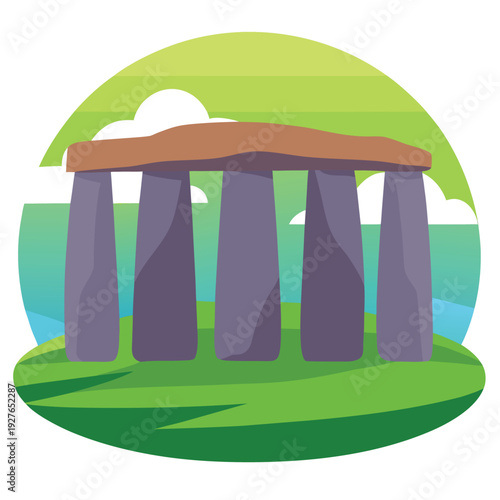 Ancient Stonehenge Monument Flat Design Illustration Standing Tall in a Grassy Landscape