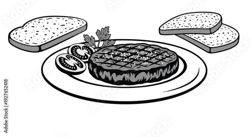 Black and white illustration shows a grilled burger patty served on a plate with fresh tomato slices and toasted bread.