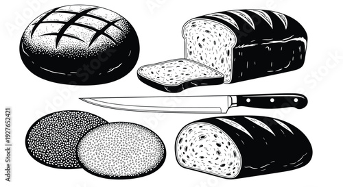 Assortment of baked bread loaves and buns are depicted in a detailed black and white sketch next to a sharp bread knife.