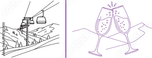 A minimalist purple vector graphic featuring a line-art illustration of a ski lift on a mountain slope next to a celebratory toast with two clinking champagne flutes.