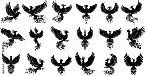 Black Phoenix Bird Silhouette Vector Set Featuring Mythical Firebird Illustrations in Various Flying Poses for Logo Design and Tattoo Art Graphics