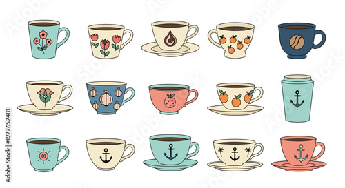 Diverse collection of fifteen coffee and tea cups features various colorful patterns, shapes, and decorative designs.