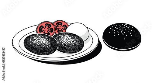 Monochrome illustration displays two burger patties on a ceramic plate accompanied by tomato slices and a seeded sesame bun.
