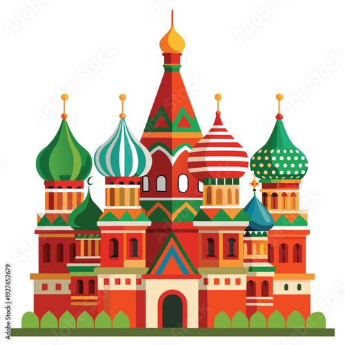Flat style illustration of Saint Basils Cathedral with vibrant domes representing Moscows iconic landmark