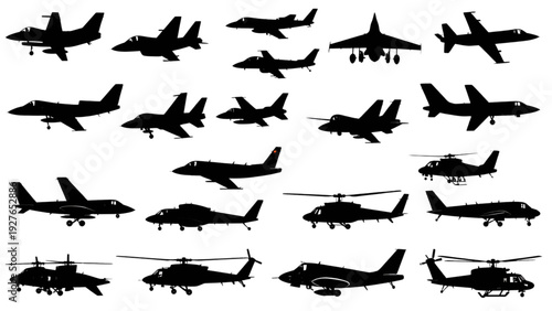 Military Aircraft Silhouette Icon Set – Fighter Jets and Helicopters Vector Collection