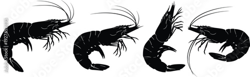 Shrimp silhouette set isolated on white background, seafood prawn collection black vector illustration for restaurant design