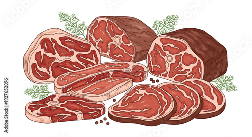 Selection of various raw meat cuts like steaks and roasts are shown with peppercorns and fresh herbs for a deli display.