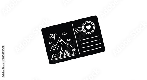 Travel postcard illustration with mountains, palm trees and airplane for a vacation memory