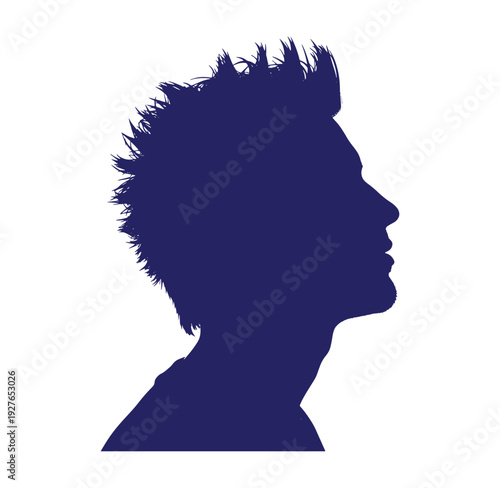 blue silhouette of a man with spiky hair looking up to the right side isolated on white background