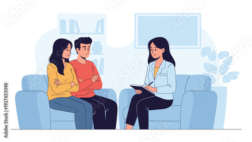 Unhappy couple sits on a sofa during a counseling session while a professional female psychologist takes notes on her notepad.