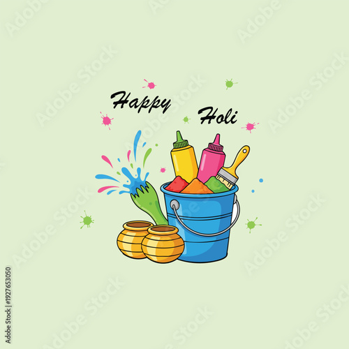 Happy Holi bucket colors and pots illustration