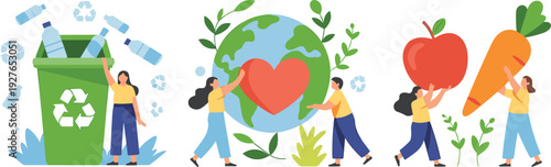 Sustainable lifestyle and healthy food concept, recycling plastic saving planet with organic fruits and vegetables flat vector illustration