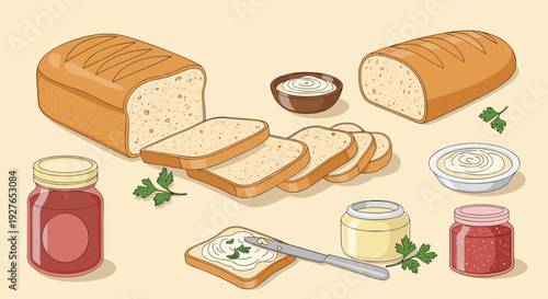 Selection of sliced bread loaves, jars of strawberry jam, and various spreads are arranged for a complete breakfast table.