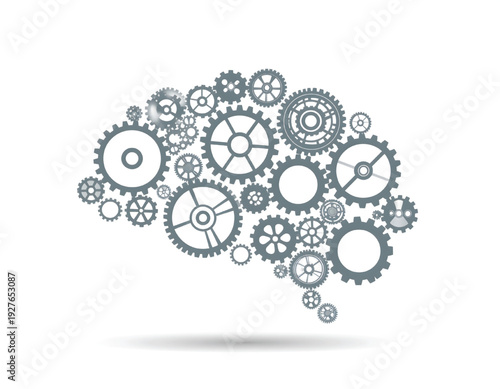 Brain with gears simplified silhouette vector, cognitive strength icon, white background