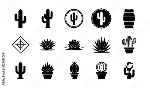 Modern Cactus Icon Set Geometric Desert Plant Logo Vector Collection Transparent Background